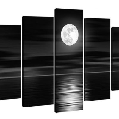 100% Hand-painted Wood Framed on the Back Oil Wall Art Sea White Full Moon Night Home Decoration Abstract Landscape Oil Painting on Canvas 5pcs/set Mixorde